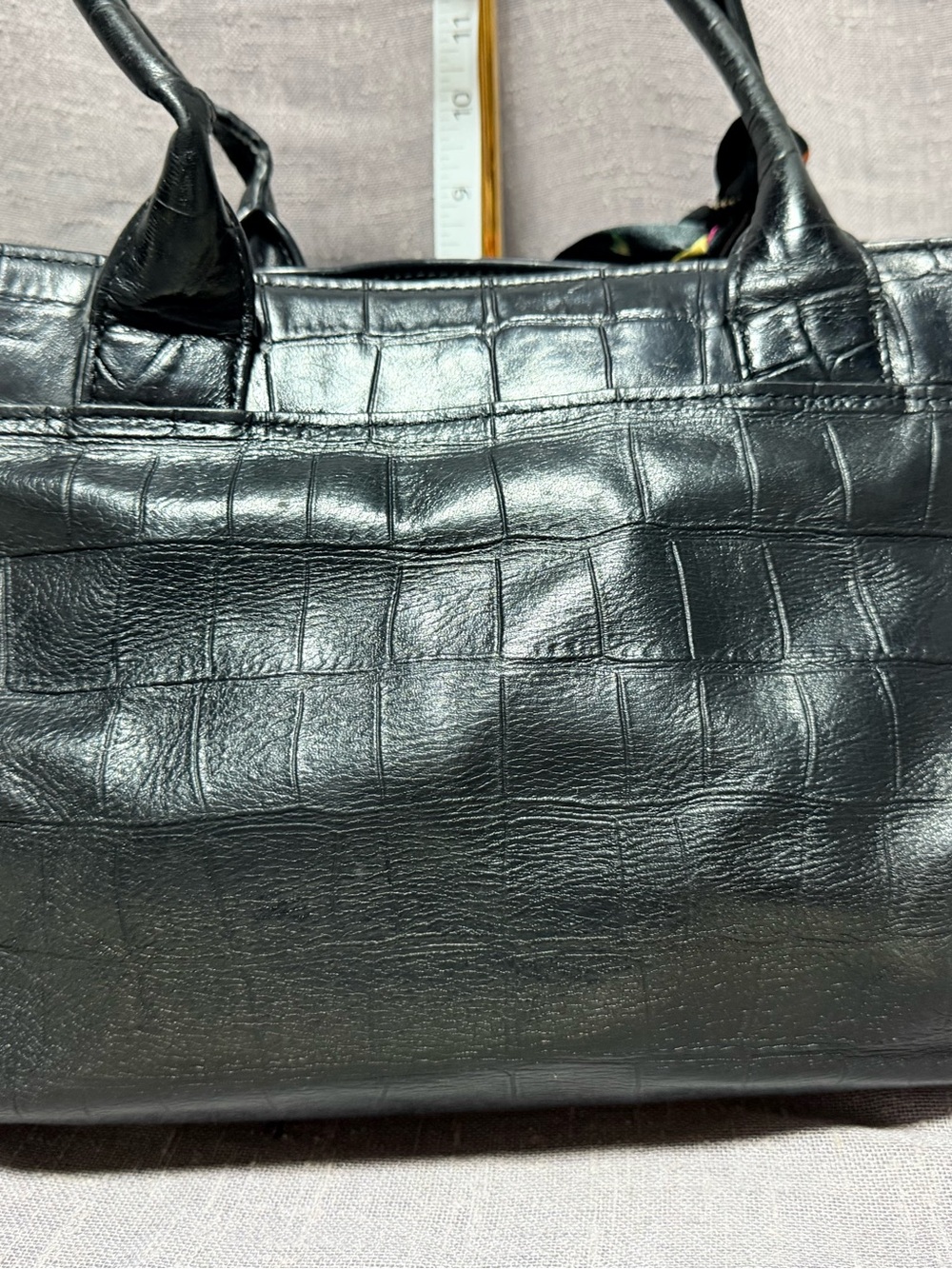 Coach Black Croc-Embossed Leather Tote with Floral Scarf Accent - Picture 3 of 11